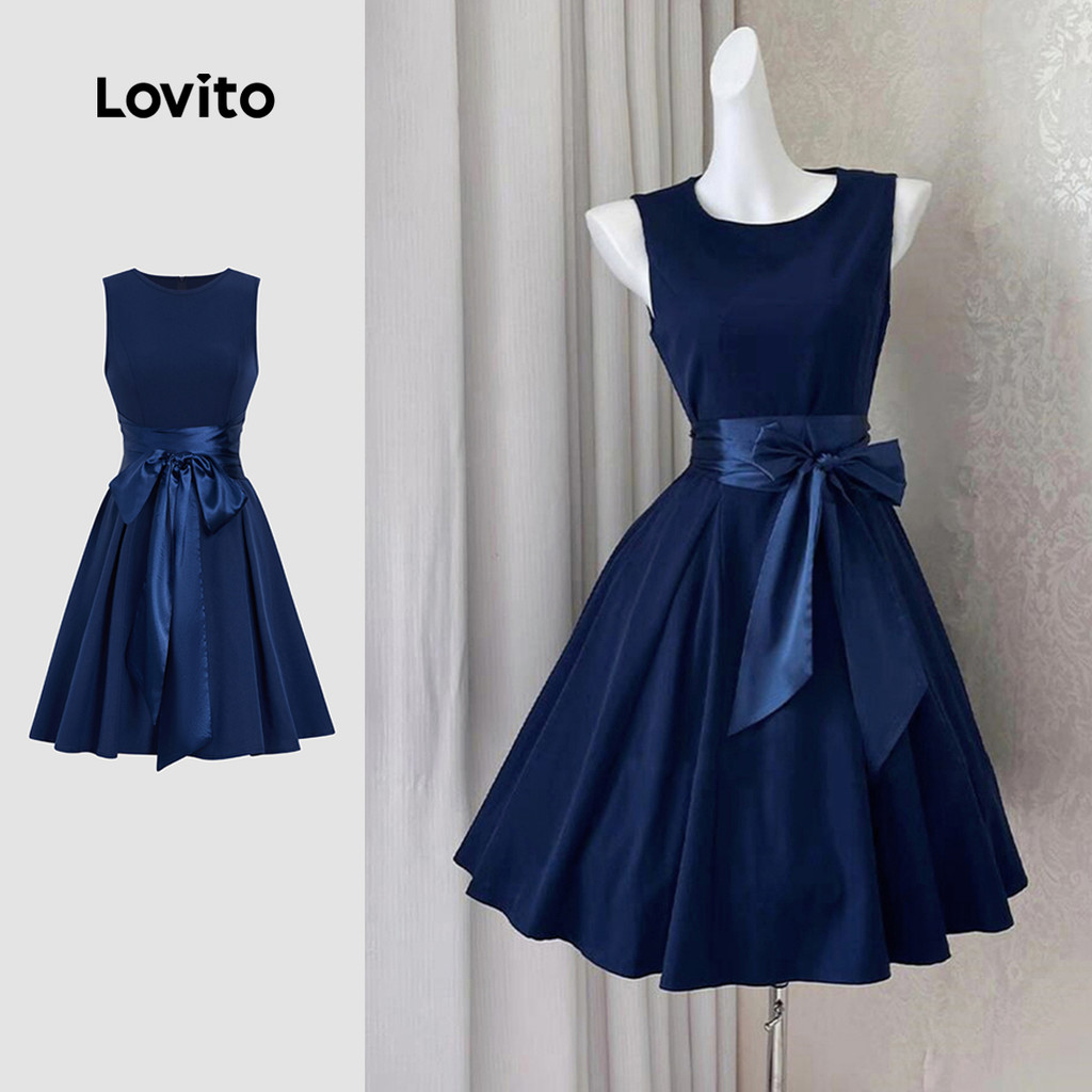 Lovito Vestido Elegante com Fita de Contraste Costura em Tecido Primavera/verão Vestido Azul escuro L155AD289 em Oferta na Shopee