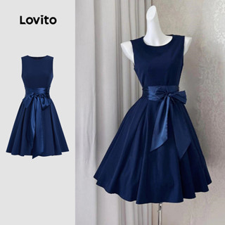 Lovito Vestido Elegante com Fita de Contraste Costura em Tecido Primavera/verão Vestido Azul escuro L155AD289 em Oferta na Shopee