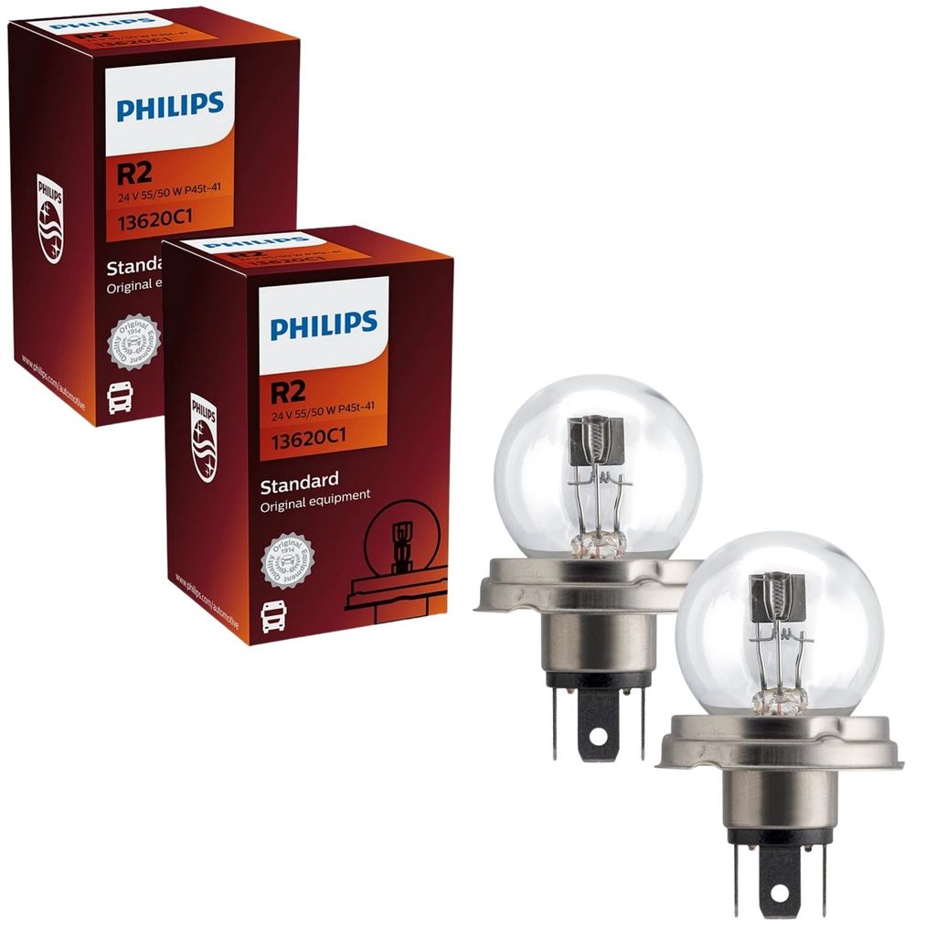 PAR DE LÂMPADA UNITÁRIA HALÓGENA PHILIPS STANDARD FAROL ALTO E BAIXO R2 55/50W CAMINHÃO 24V