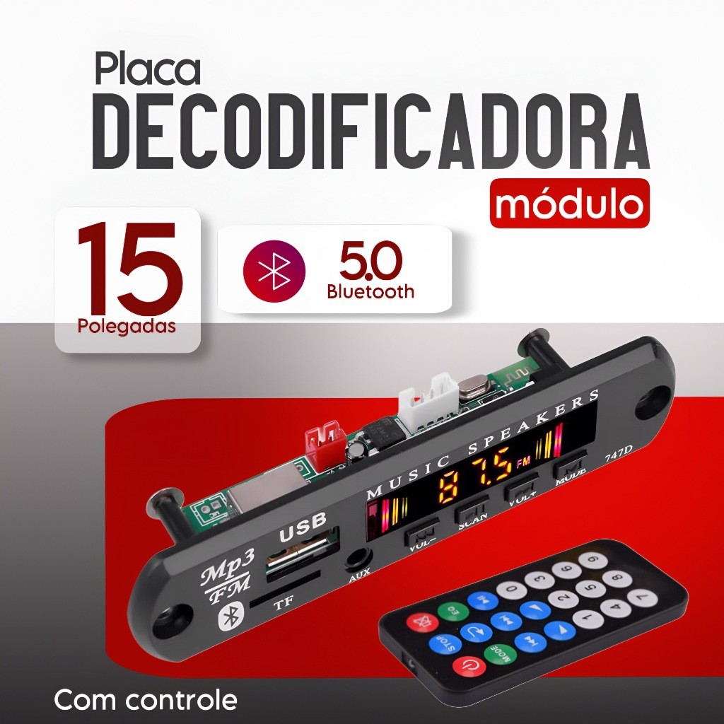 🎵 Placa Decodificadora Receiver MP3 FM Bluetooth – SD, AUX, USB e Controle Remoto 🔊