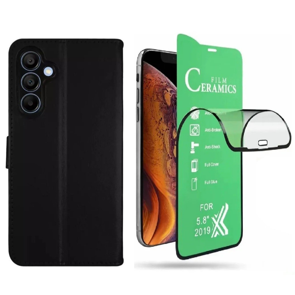 Capa Flip Carteira em Couro Sintético para Samsung Galaxy A17 + Película de Cerâmica 9D