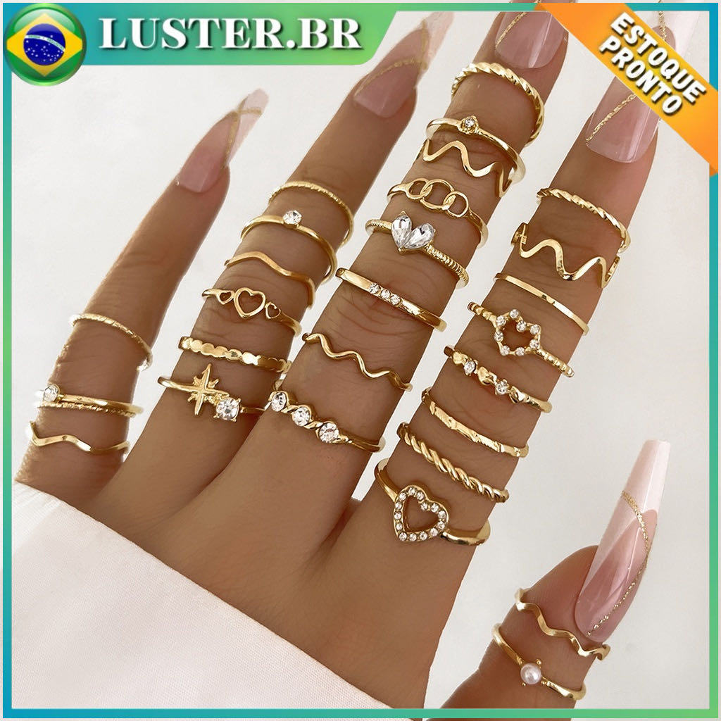 Conjunto de 28 peças de anéis simples e finos ondulados, anéis geométricos de coração, acessórios femininos