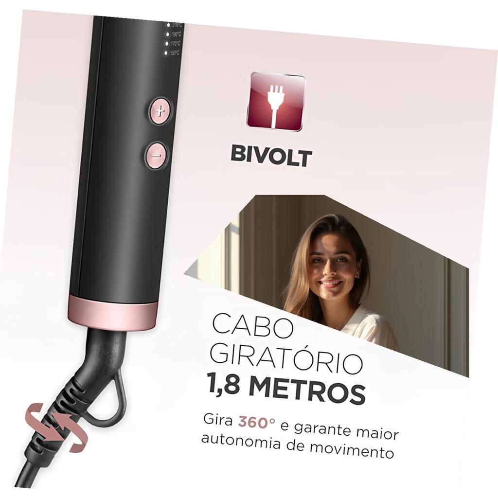 Escova Alisadora Mondial EA-07 Preto/Rose 36W Bivolt Alisamento Instantâneo Cerâmica Tourmaline Íon 230°C