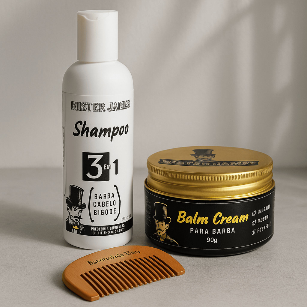 Kit Mister James Shampoo 3 em 1 Barba Cabelo e Bigode + Balm Cream para Barba 90g + Pente de Madeira