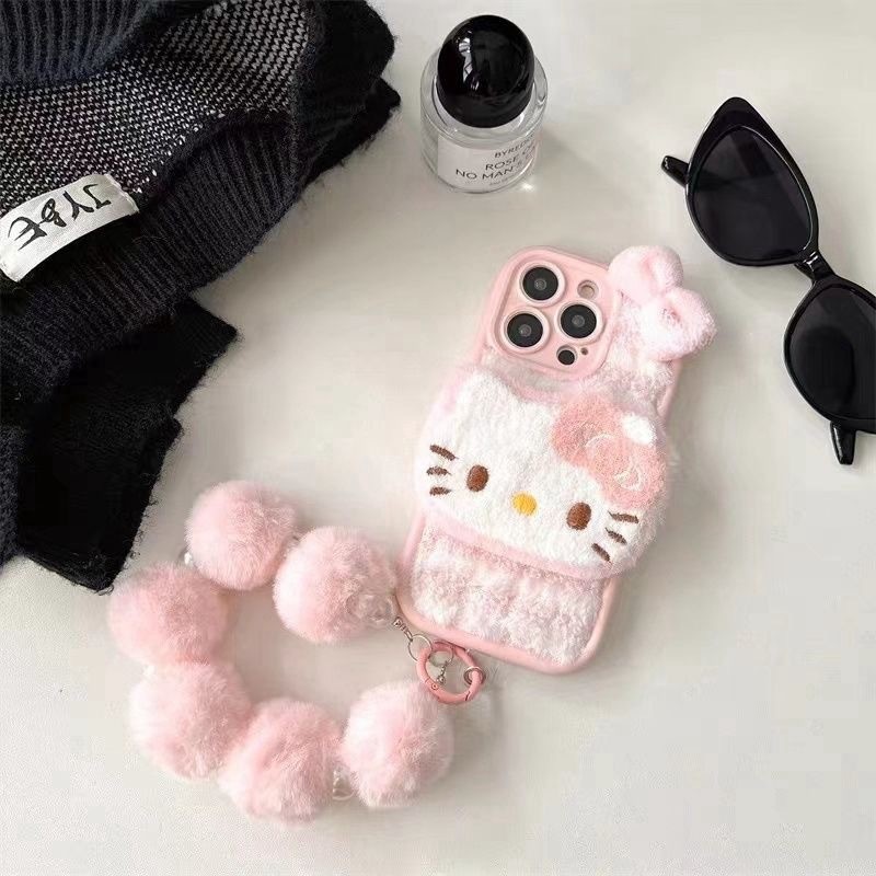 HelloKitty de pelúcia com capa de telefone com pulseira, iPhone 11 16 15 14 13 12 Pro Max Plus