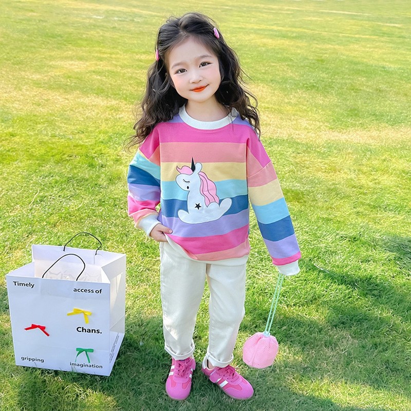 Meninas primavera moletom crianças novo estilo arco-íris listrado manga comprida camiseta moda bebê primavera outono mod