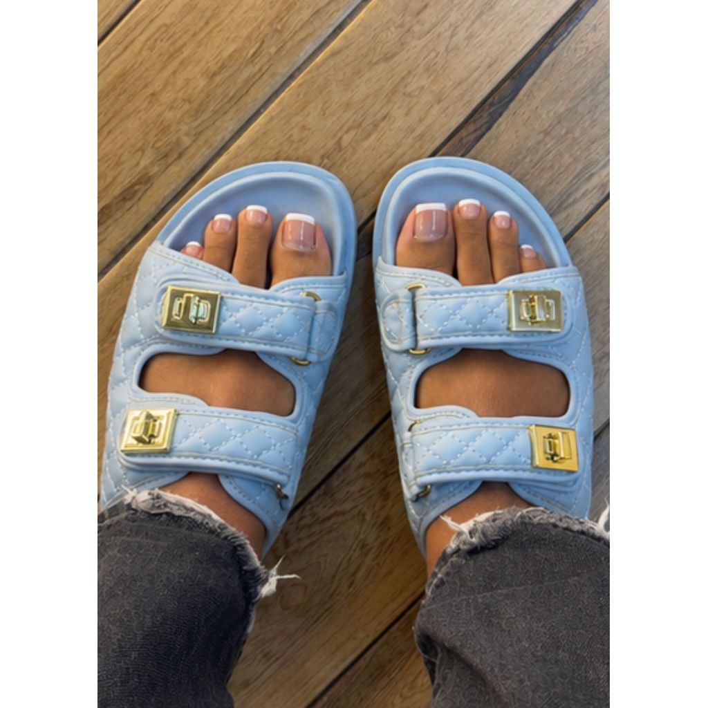 Papete flat slide feminina azul preta e branca Dona Dagi