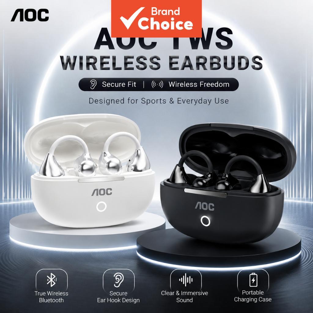 Fones de ouvido AOC com gancho de orelha, Bluetooth 5.3, redução de ruído ENC, som estéreo HiFi, para esportes, com