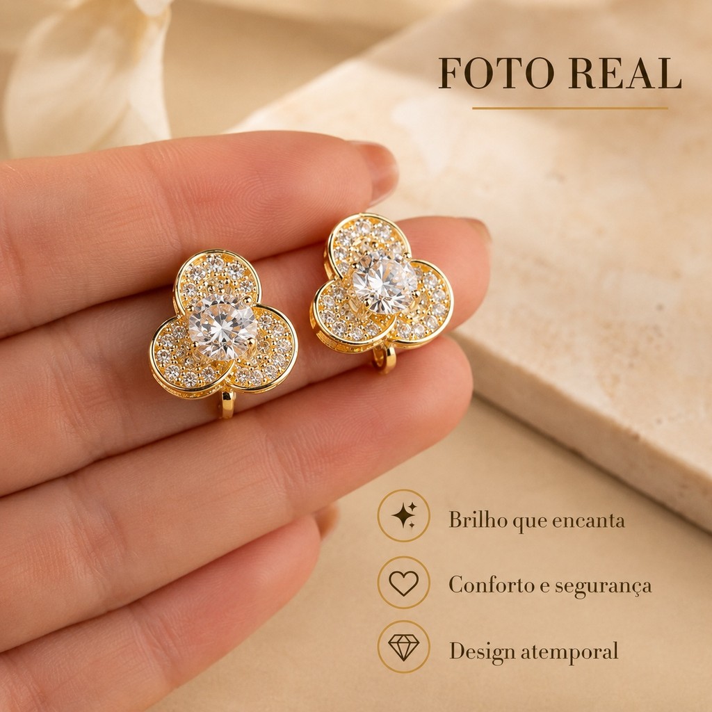 Brinco Feminino Flor Dourado Sem Furo Cobre Banhado A Ouro Zircônia Antialérgico Não Escurece Fica Lindo Nas Fotos