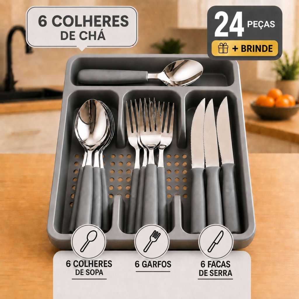 Jogo de Talheres Inox 24 Peças com Organizador Ideal para Mesa e Cozinha