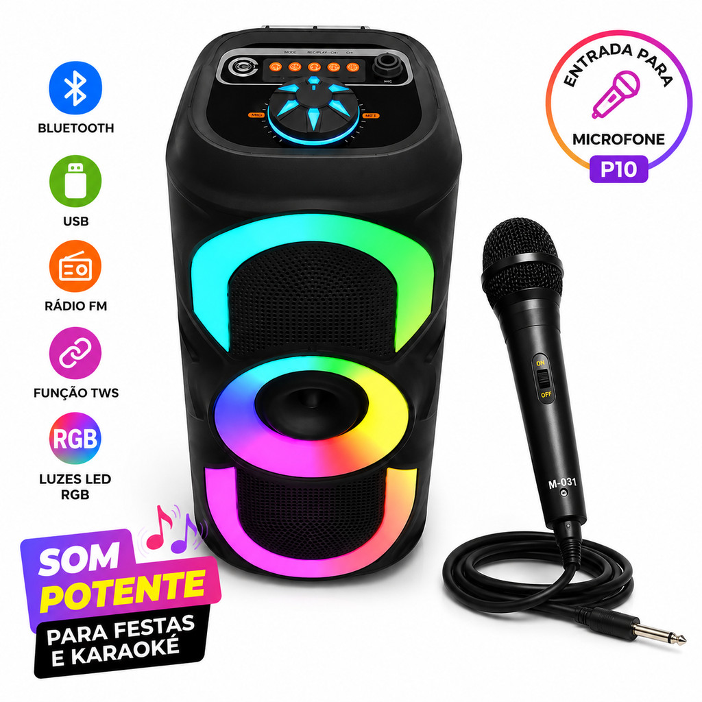 Caixa de Som Bluetooth RGB com Entrada para Microfone USB FM TWS Portátil para Karaokê e Festas