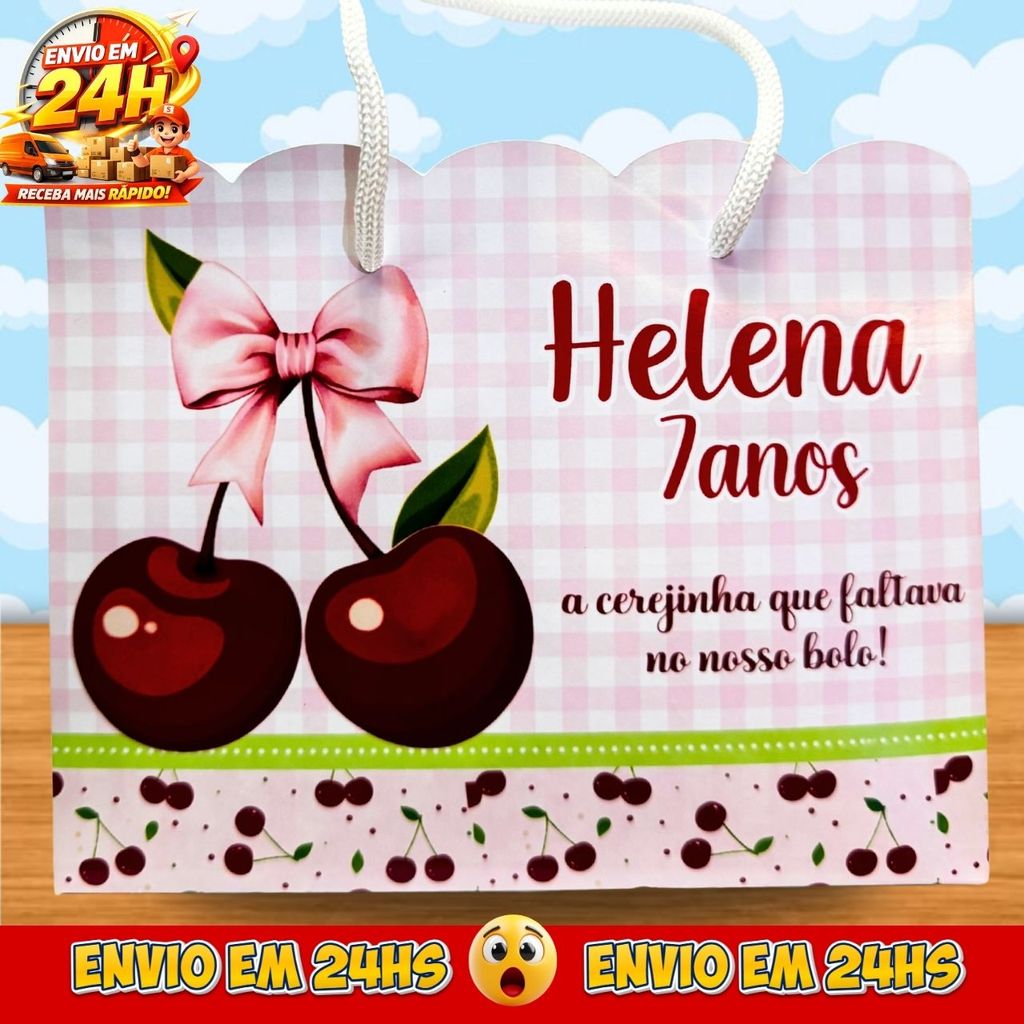 Sacolinhas Cereja Personalizadas - Lembrancinhas Cerejinha Premium com Nome e Idade