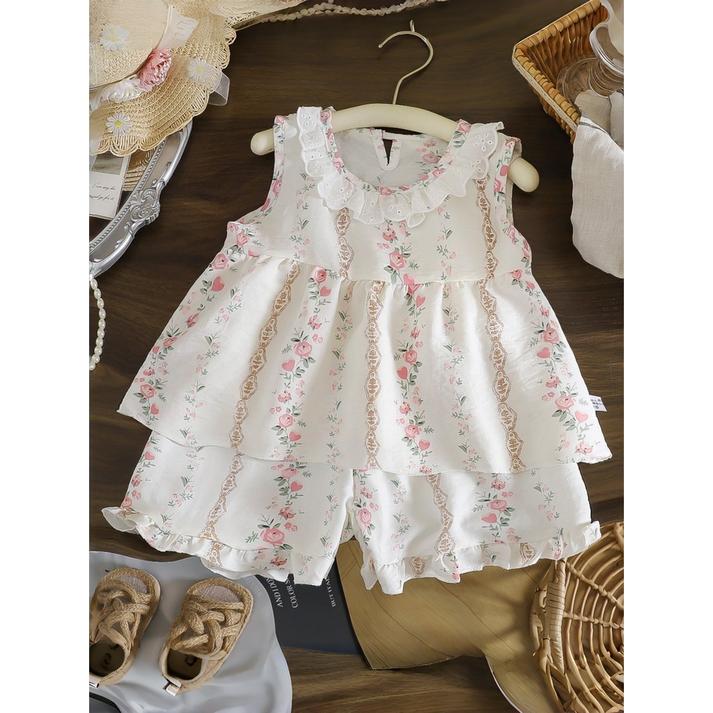 Meninas colete conjunto estilo verão 2026 novo estilo bebê moda estilo fino vestido de verão meninas moda conjunto de du