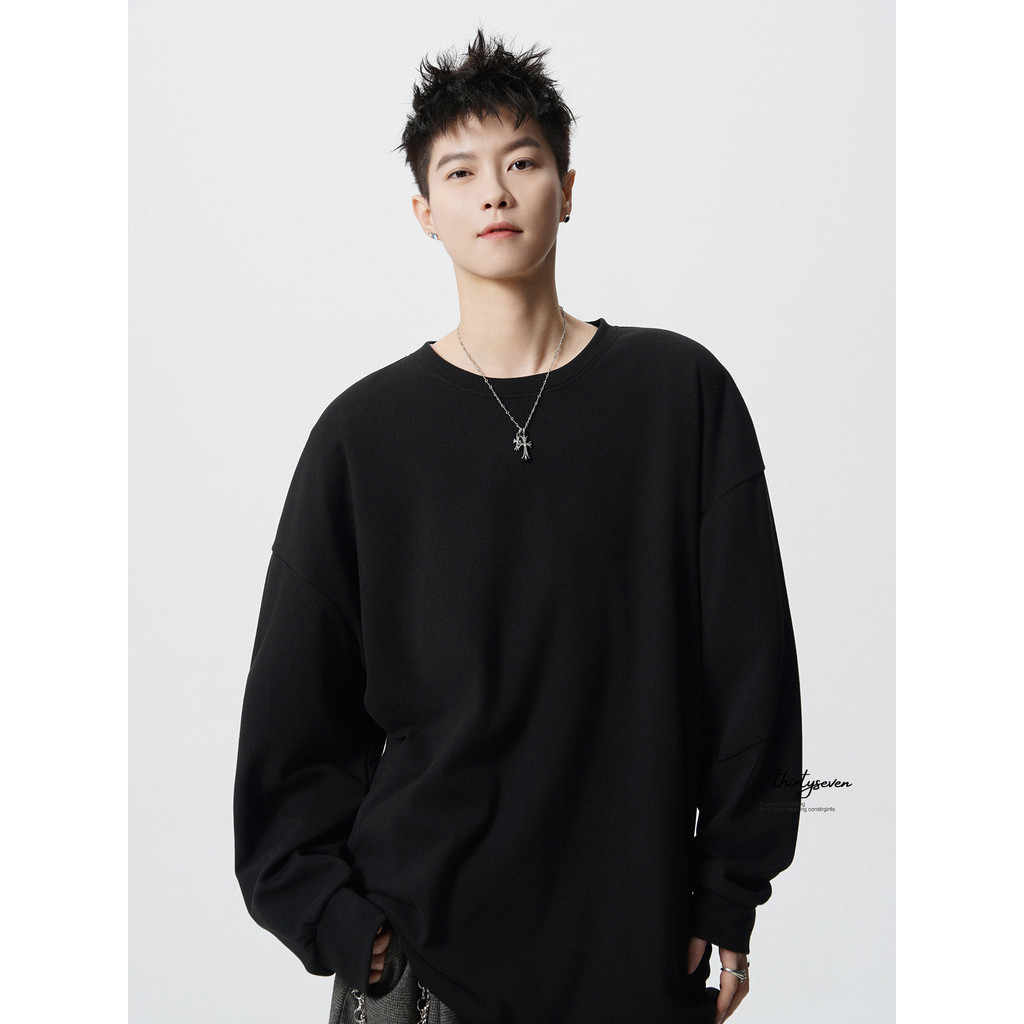 V37 pesado estilo básico cor sólida manga comprida camisa de fundo masculina verão americano Street Wear solto simples C