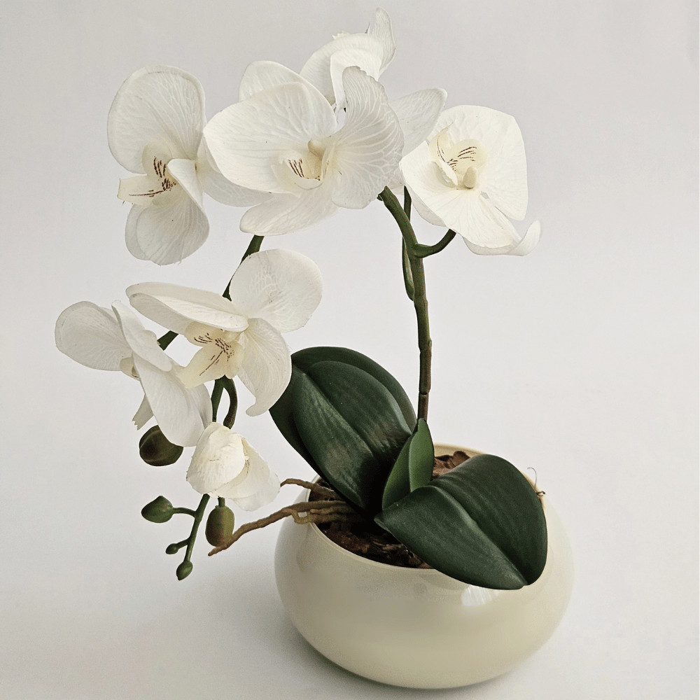 Arranjo de Orquídea Artificial 3D Toque Real Planta Decorativa com Vaso Off-White