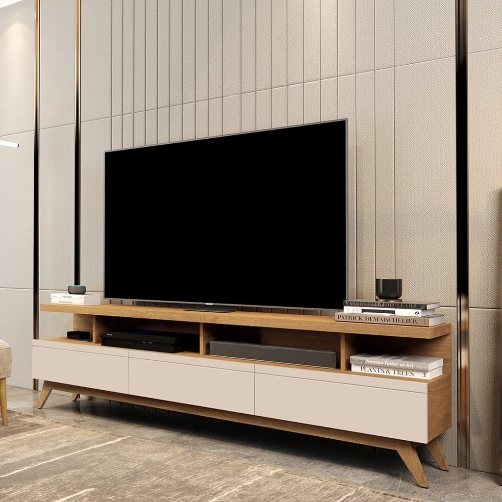 Rack para TV até 60 Polegadas MDF 180cm Pés em Madeira Maciça Vivare Branco Off White/Nature