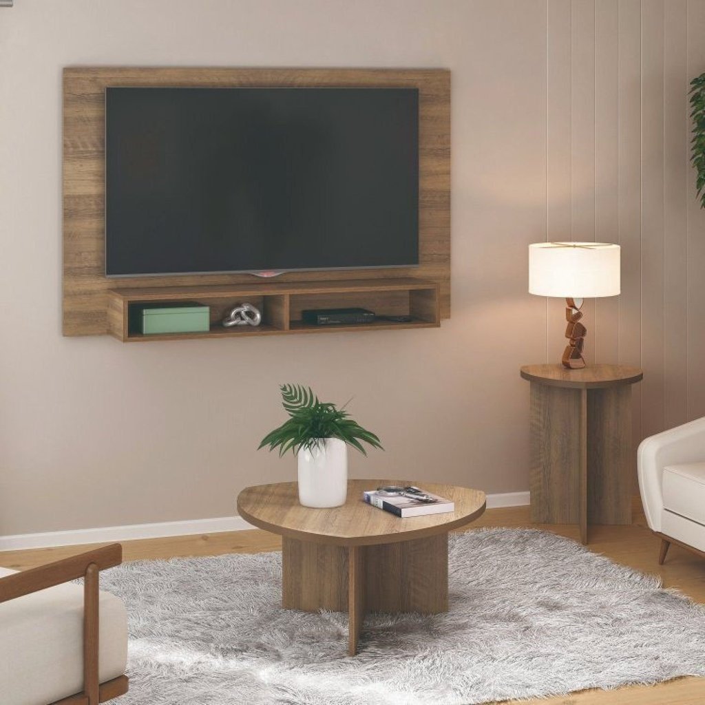 Sala de Estar Completa com Painel para TV até 42 pol com Mesa de Centro e Mesa Lateral Delta Oval Marrom