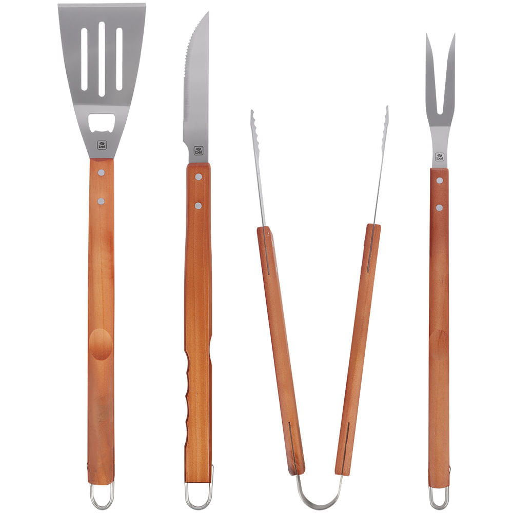 Kit Para Churrasco Inox Cabo de Madeira Grande 4 Peças Bel