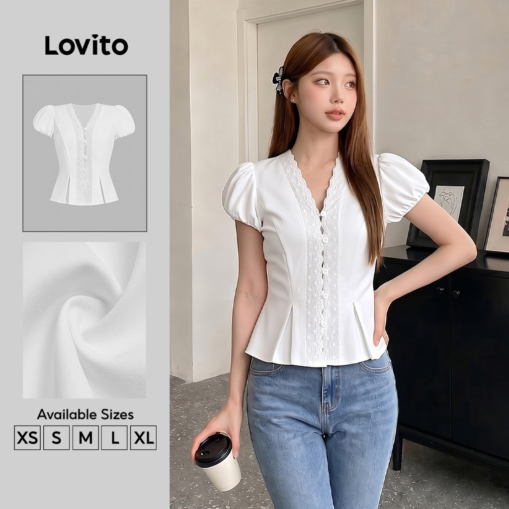 Lovito Elegante Blusas Feminino de Renda com Botão Plissada Diário Férias Viagen