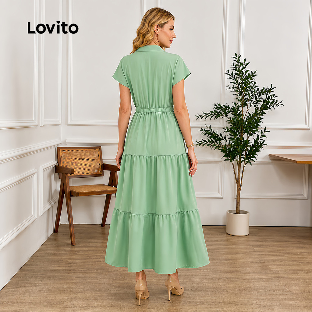 Lovito Casual Vestido com Botão Primavera/verão Vestido Verde para mulheres L157LD279