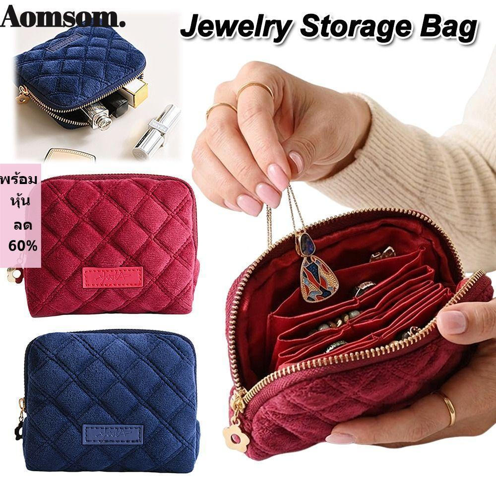Bolsa de Armazenamento de Colares AOMSOM, Bolsa de Joias com Zíper e Franjas de Grande Capacidade, Padrão Diamante Portá