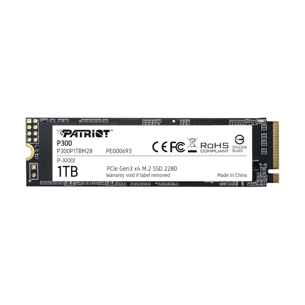 SSD Patriot P300, 1TB, M.2 2280, PCIe 3.0 NVMe, Leitura 2100MB/s, Gravação 1650MB/s, Preto