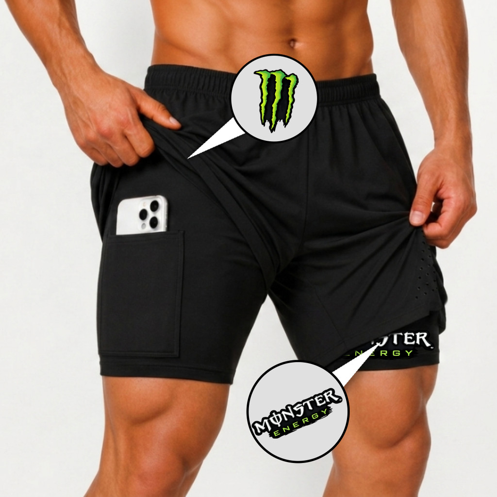 Bermuda Masculina Compressão 2 em 1 MNST  Dry Fit Elastano Academia Corrida Treino Fitness Conforto