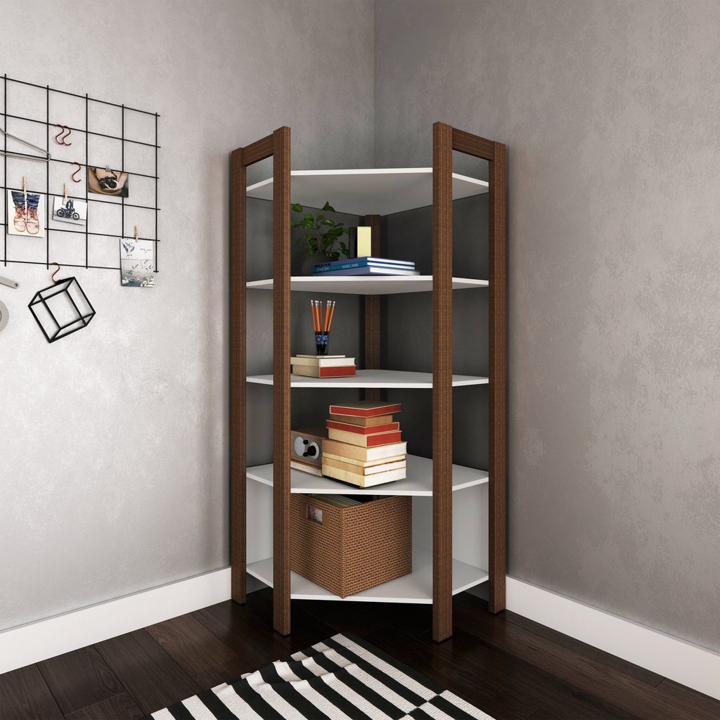 Estante de Livros 71CMX166CM Canto Multiuso Branco Branco/Nogal