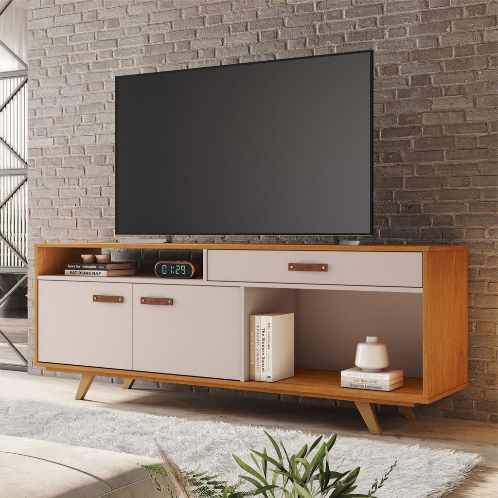 Rack para TV até 65 Polegadas 160cm 2 Portas 1 Gaveta Impar Amarelo Cinamomo/Off White