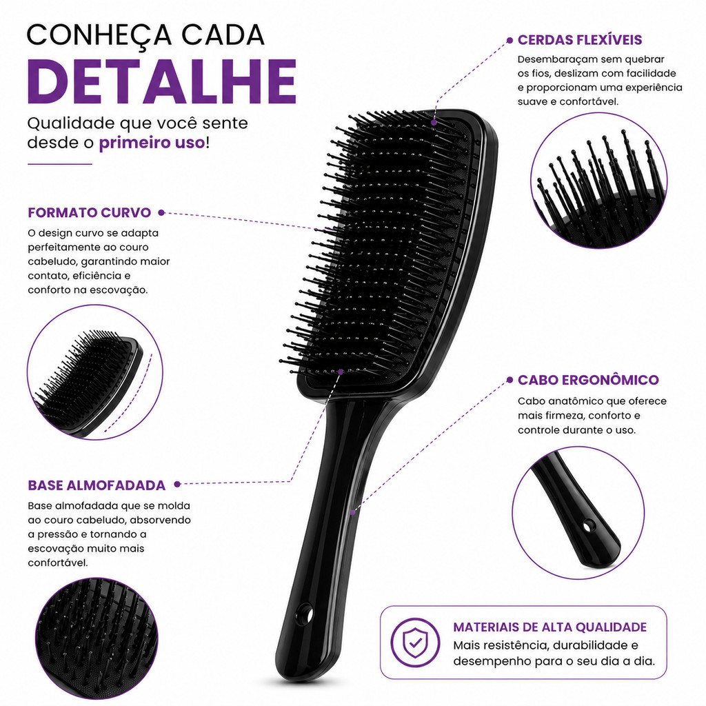 Escova Raquete Curva Profissional Anti Frizz Cerdas Flexíveis Desembaraça Sem Quebrar os Fios — imagem 2 de 2