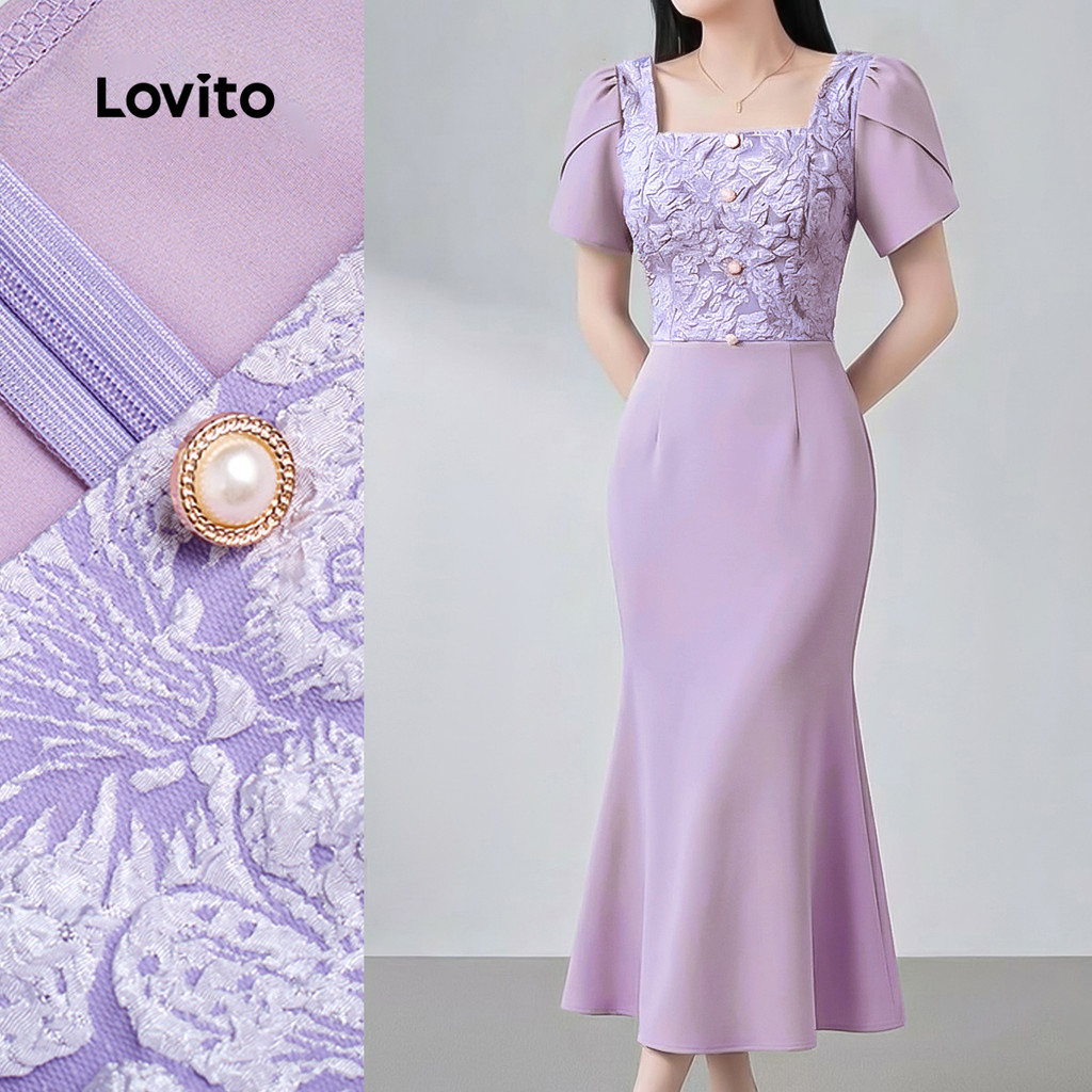 Lovito Vestido Midi Casual Roxo De Jacquard Com Mangas Curtas Em Formato De Péta