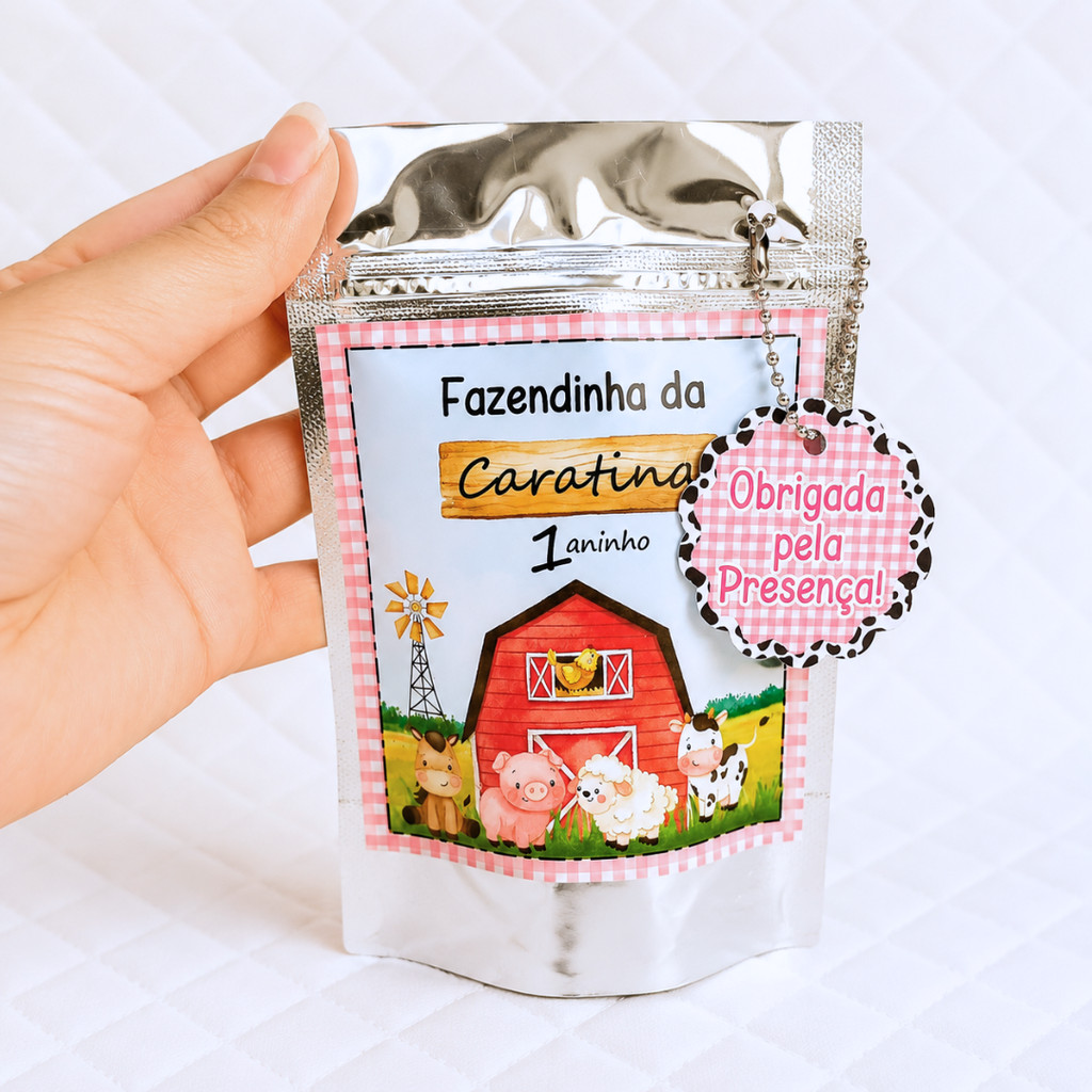 Saquinho Metalizado Zip Lock 10x15 ou 12x19 cm personalizado para lembrancinha aniversário FAZENDINHA ROSA