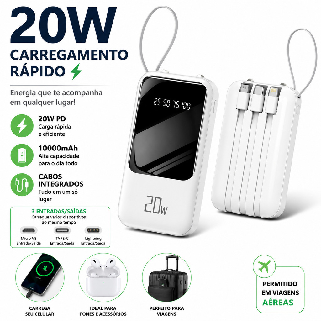 Carregador Power Bank 10000mah Portátil Display Digital 22W Carregamento Super Rápido Com 4 Cabos