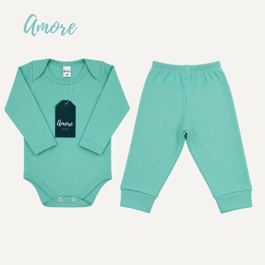 Conjunto Body Manga Longa Amore Verde e Calça Verde 100% Algodão