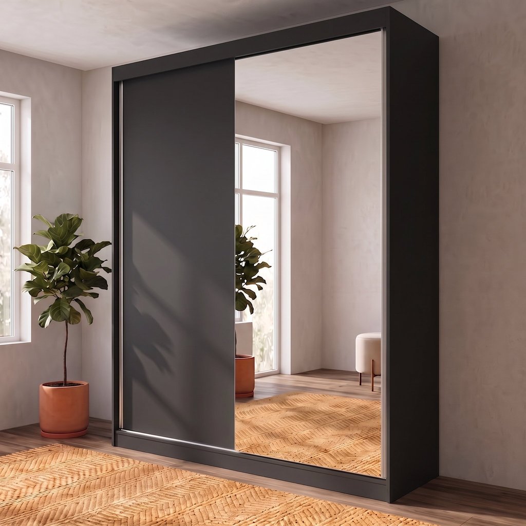 Guarda-Roupa Solteiro 2 Portas e 1 Espelho 100% MDF Geneve Preto Preto