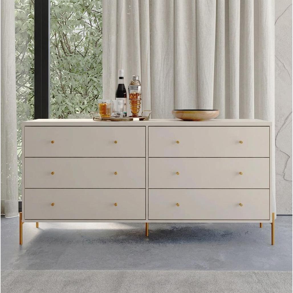 Cômoda 6 Gavetas Jasper 182 cm - Off White Fosco c/ Dourado