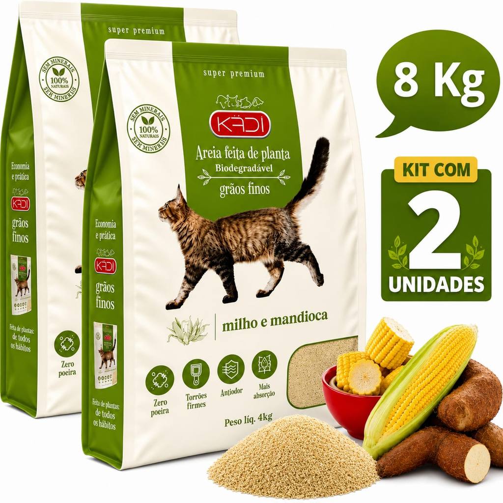 Kit 02 Areia Grãos Finos Milho Mandioca Kadi De 4 Kg Biodegradáveis Para Gato