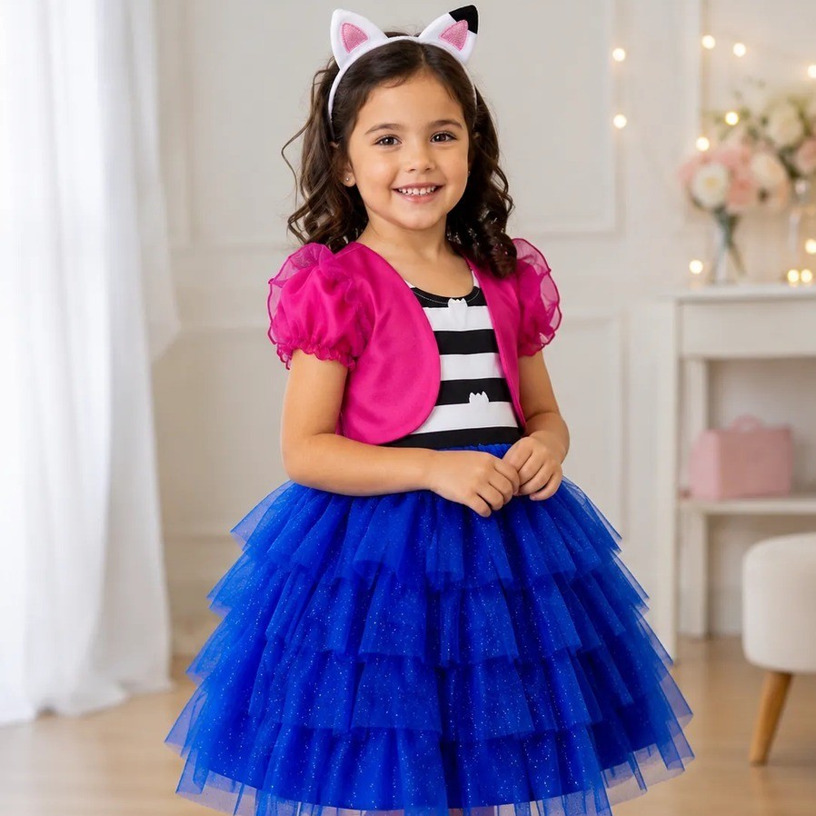 Vestido Infantil Rodado Varias Camadas Gabby Festa Glitter + Tiara De Orelhinhas Casa Magica