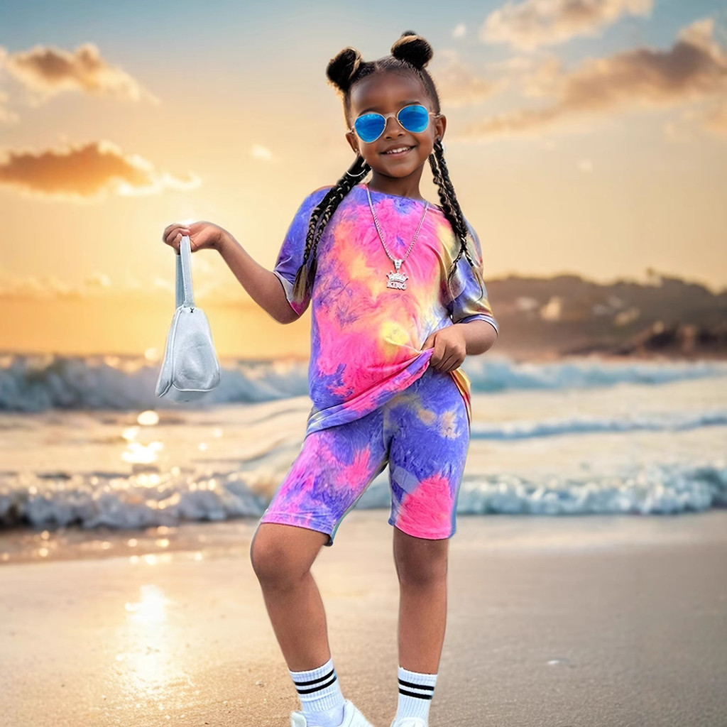 Comércio exterior transfronteiriço INS meninas impressão completa Tie-Dye impressão terno de manga curta crianças verão 