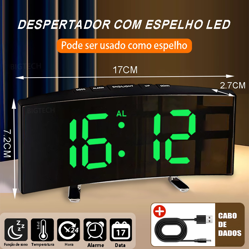 Relógio Despertador Digital LED Espelhado com Números Verdes