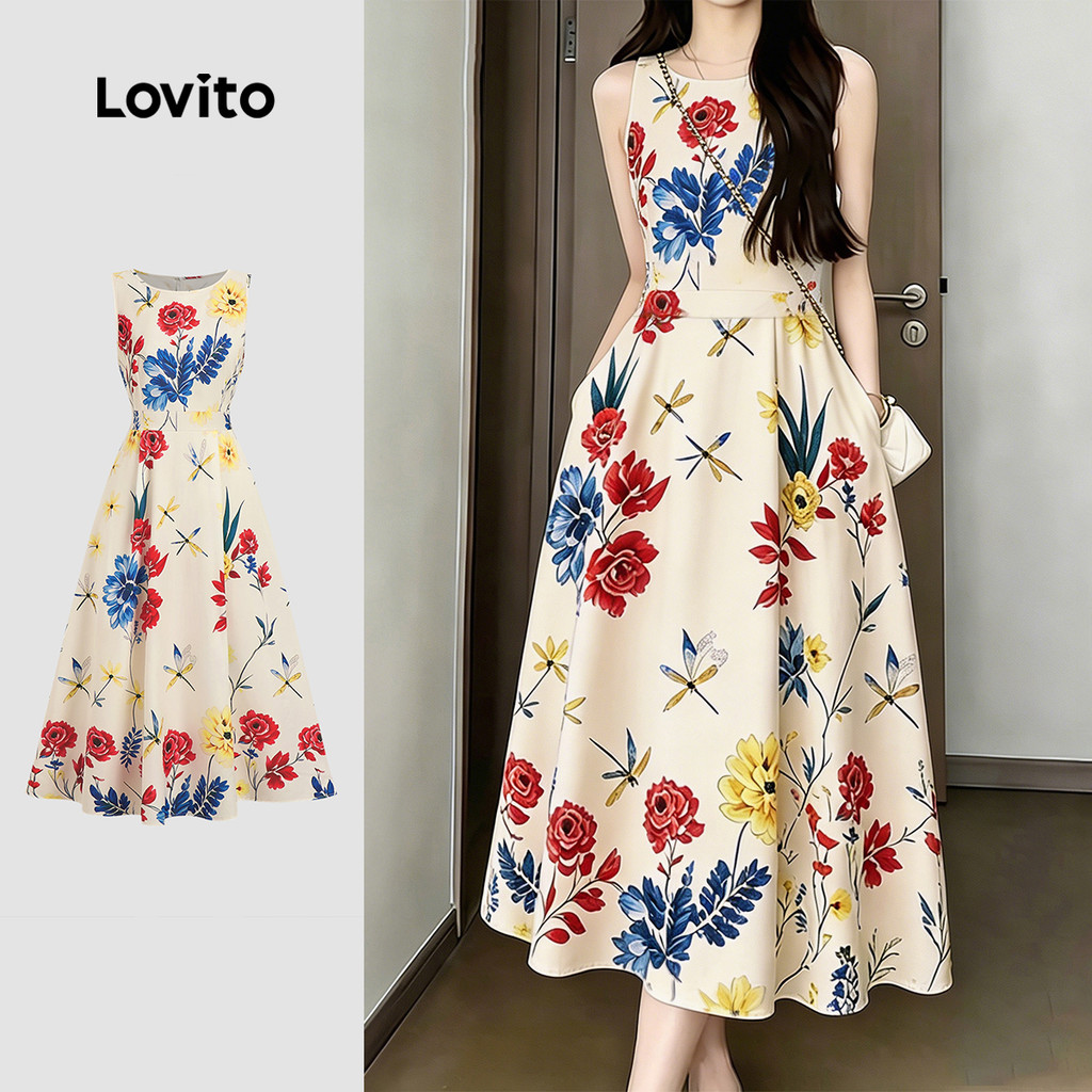 (New Arrival) Lovito Vestido Casual Feminino com Estampa de Flores No Estilo Res