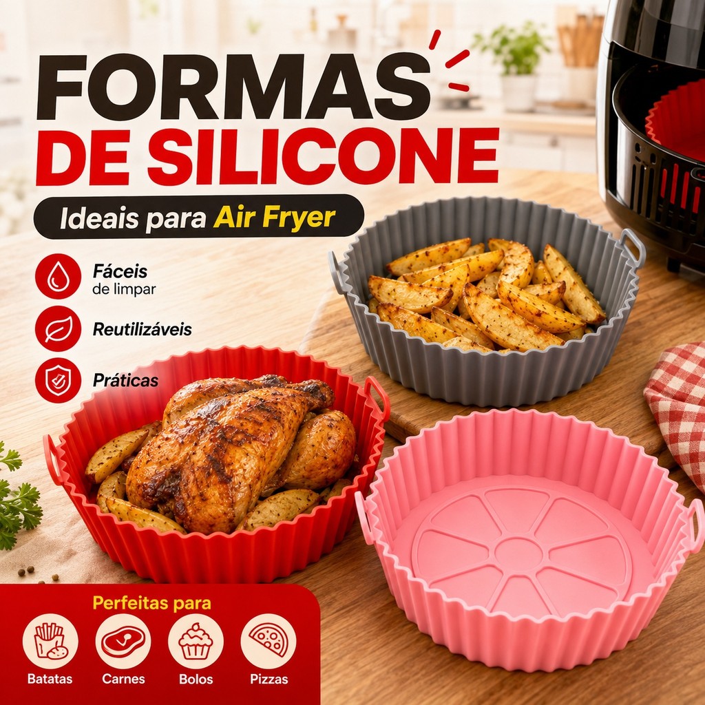 Kit de até 5 Formas De Silicone Para Air Fryer Forno Microondas Fritadeira Assadeira Reutilizável Antiaderente Flexível