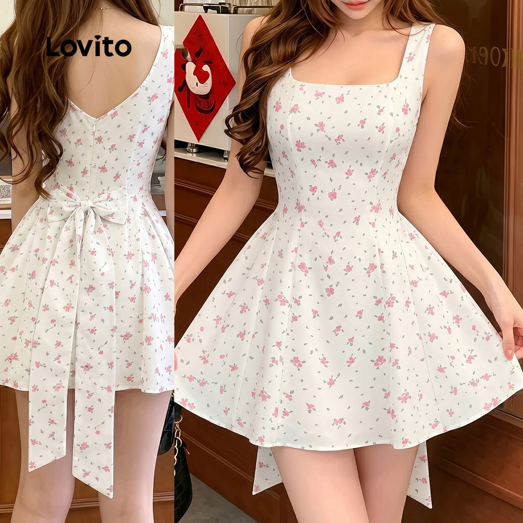 (New Arrival) Lovito Vestido Feminino Casual com Estampa de Padrão e Laço para Primavera/Verão LK7AD013