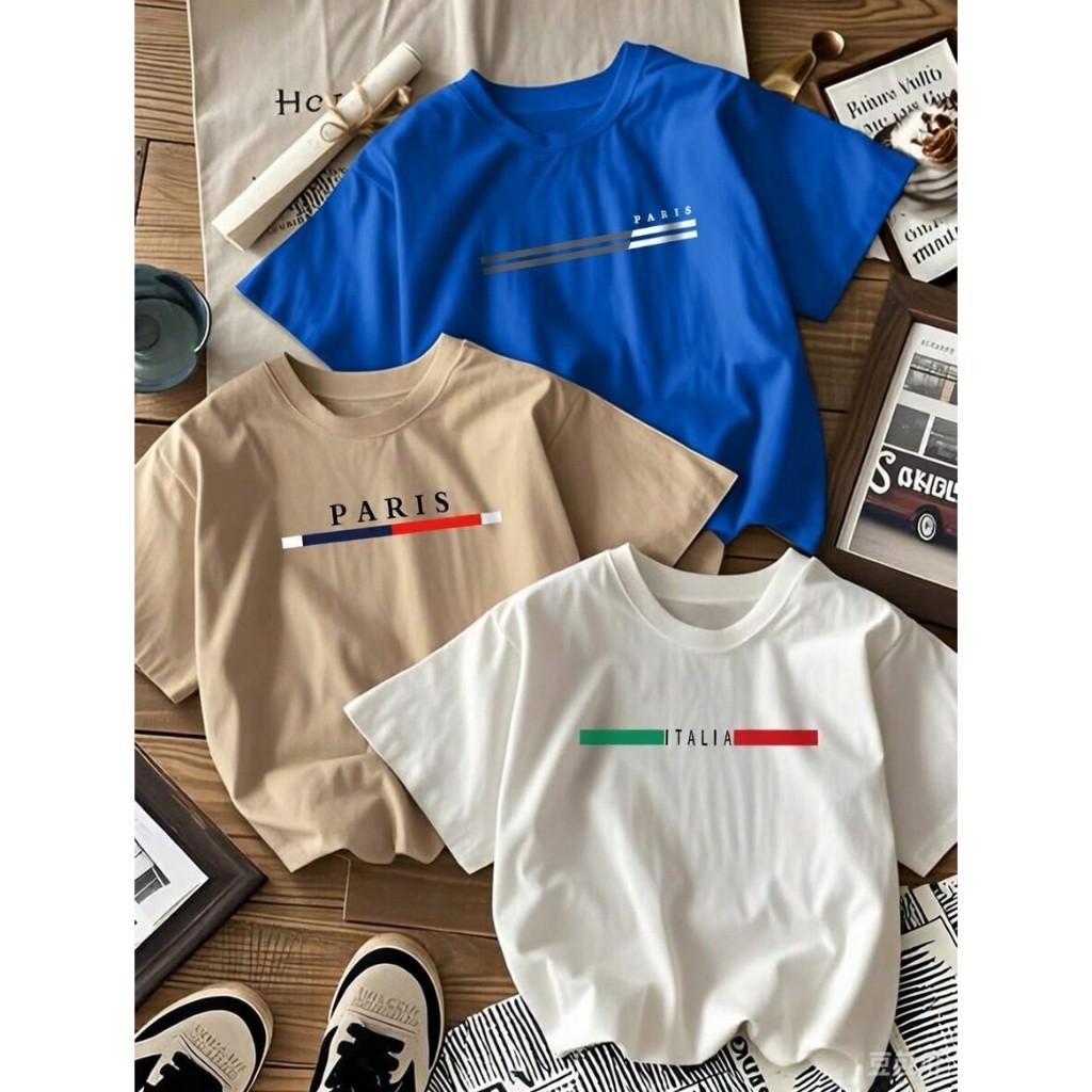 Kit 3 Camisetas Infantis Paris Estampadas Itália Minimalista Blusa Algodão Masculina Algodão Casual