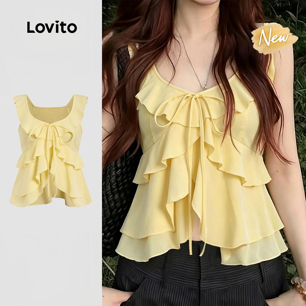 (New Arrival) Lovito Top Casual Feminino Amarelo Claro em Camadas para primavera