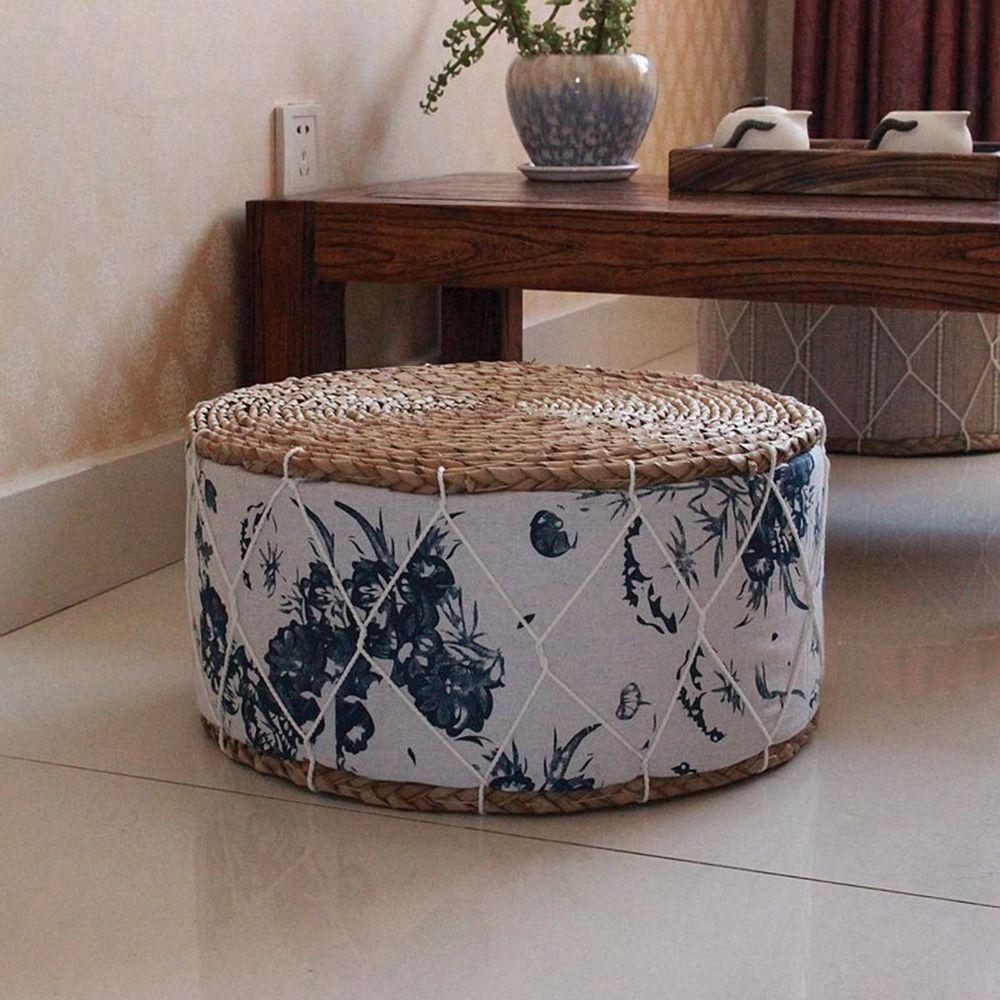 Imagem Almofada De Chão , Banco Tecido De Formato Redondo À Mão , Zafu De Design Portátil De Material Durável De Palha Natural