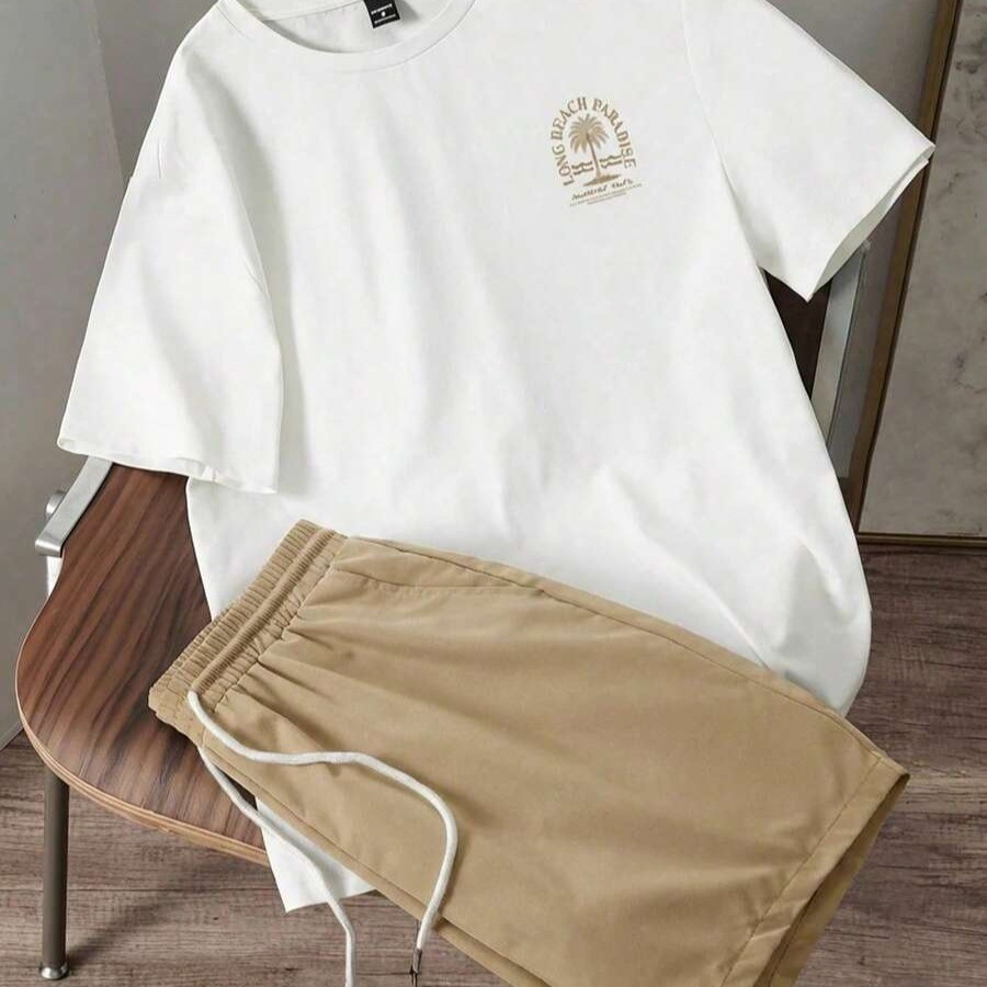 Kit Conjunto Masculino Camiseta Estampada Praia Algodão Premium Bermuda Linho Mauricinho Verão Casual Streetwear Juvenil