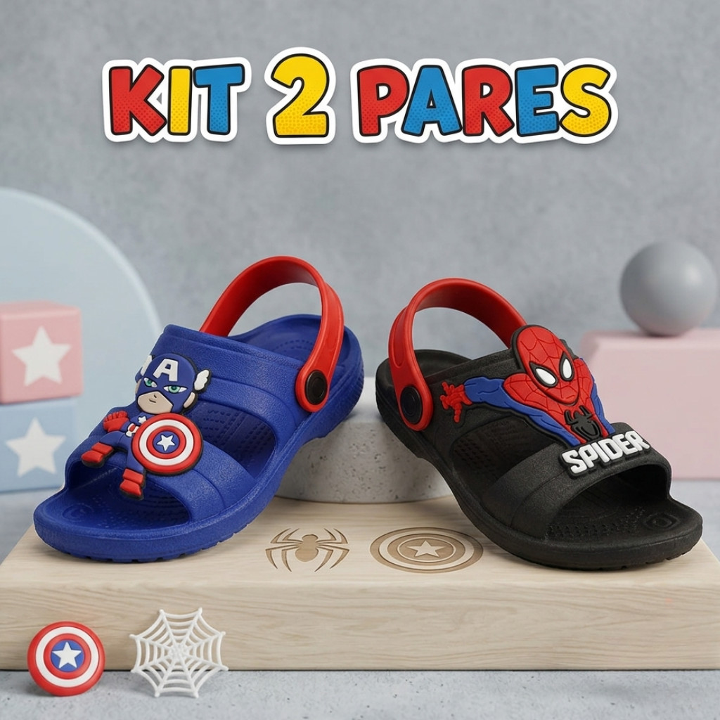 Kit 2 Papete Infantil Menino Sandália Escolar Herois Macia e Leve