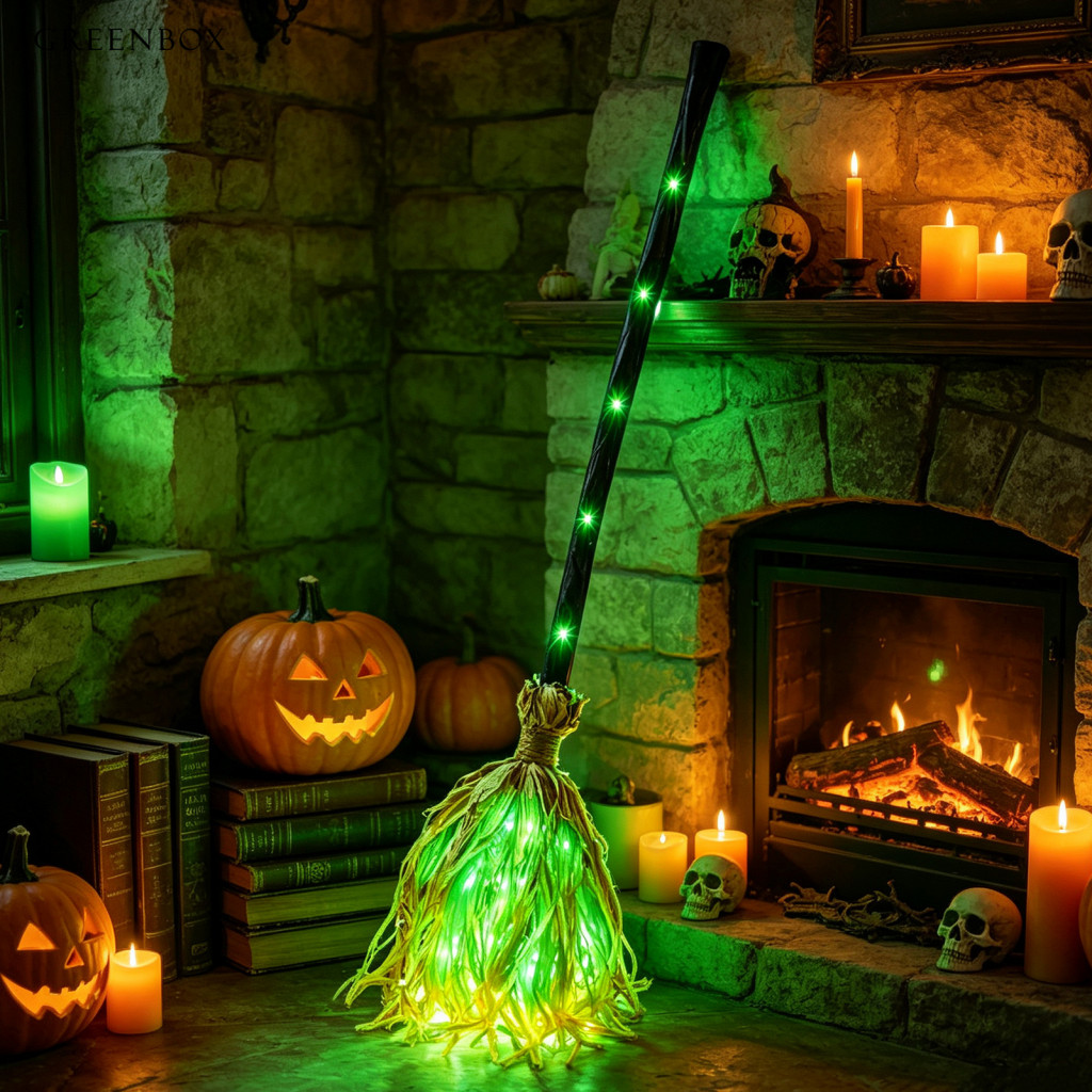 GRS-Pavilha De Bruxa Brilhante Para Decoração Festiva Interna , Vassoura De Palha Simulada Festa De Halloween , Adereço