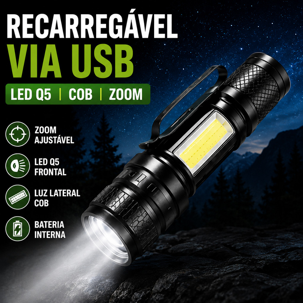 Lanterna Tática 3 em 1 - Zoom Ajustável, Recarregável USB - p/ Emergência, Camping e Trabalho